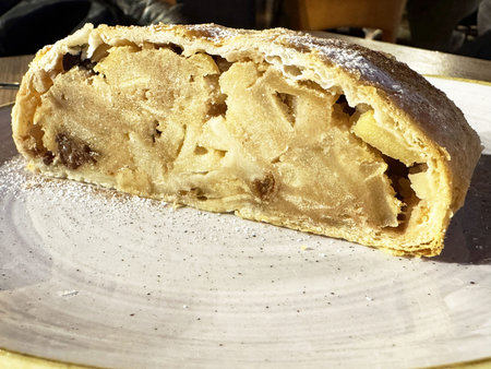 Homemade apple strudel slice on ceramic plate with powdered sugar.の写真素材