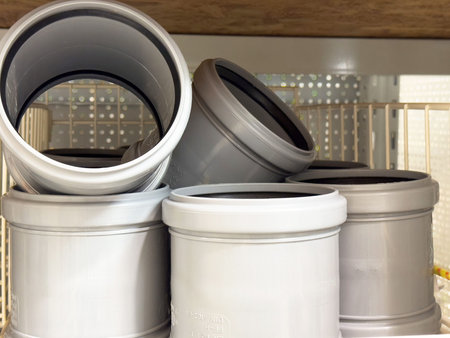 Stack of gray pvc pipes on a shelf.