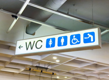 Restroom signage indicating accessibility and gender inclusivity in public space.の写真素材