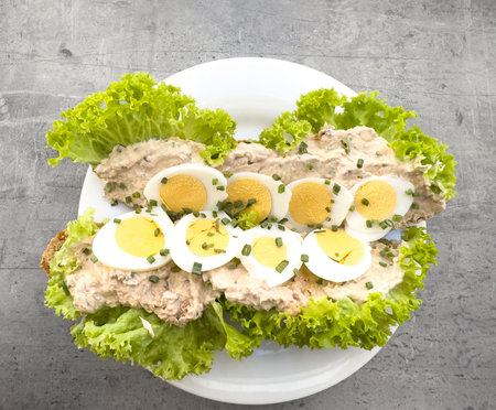 Fresh egg salad sandwich with lettuce on a white plate.