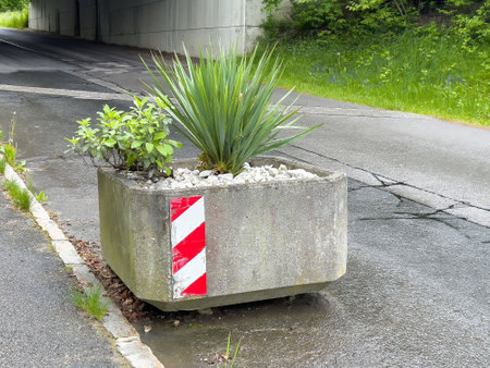 Urban decorative concrete planter with green foliage on wet pavement near tunnel.の写真素材
