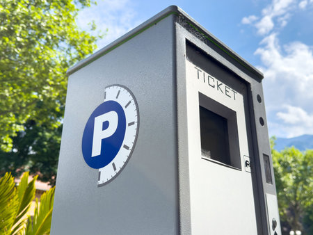 Parking ticket machine in outdoor urban setting with sunny weather.