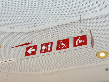 Restroom and accessibility signage with gender, disability, and baby change icons.