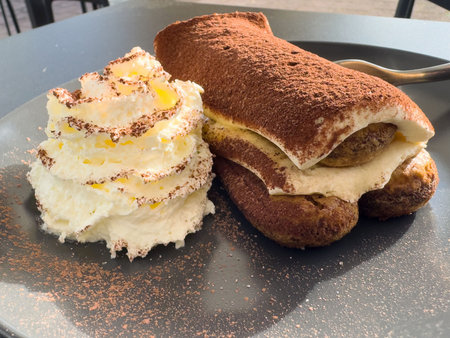 Classic tiramisu dessert with whipped cream on grey plate.