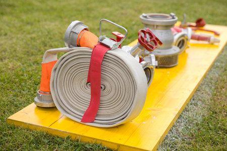 Firefighting equipment hose and valve display on yellow board.の写真素材