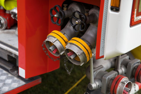 Close-up of fire truck equipment with dual hoses and valves.