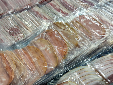 Packaged sliced meats in plastic wrap display at grocery store.の写真素材