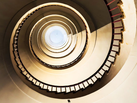 Spiral staircase view from below with concentric circles.の写真素材
