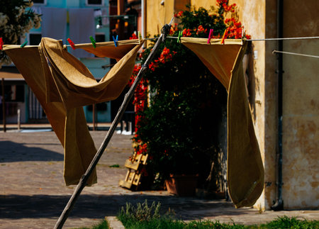Sunlit laundry on clothesline with colorful clothespins and rustic building.の写真素材