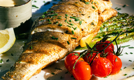 Grilled whole fish with asparagus and cherry tomatoes garnished with chives.の写真素材