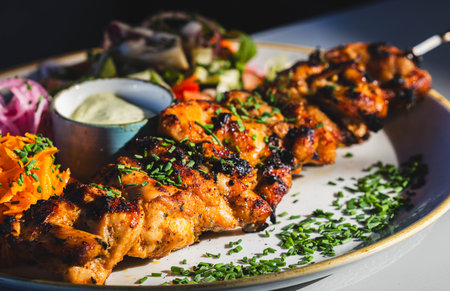 Grilled chicken skewers with fresh salad and sauce on plate.の写真素材