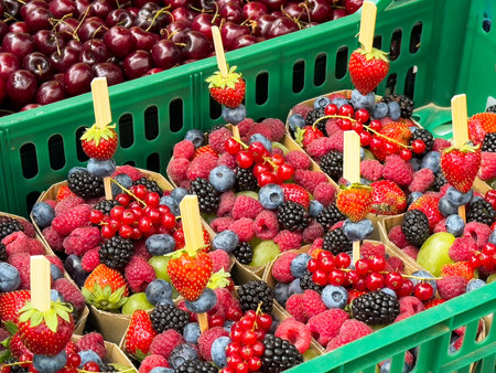 Fresh mixed berries in market basket display with strawberries and blueberries.の写真素材