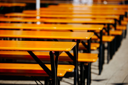 Rows of empty wooden picnic tables with black metal legs in outdoor setting.の写真素材