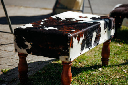 Rustic cowhide bench with wooden legs on outdoor grass display.の写真素材