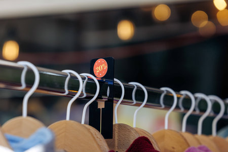 Clothing rack with 20% discount sign at retail store.の写真素材