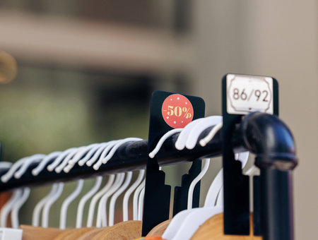 Clothing rack with 50% discount sign and size indicator on hangers.の写真素材