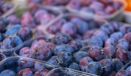 Freshness of plump purple plums in plastic containers at market display.の写真素材