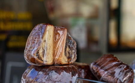 Traditional wrapped chocolate panettone loaves on display at bakery stand.の写真素材