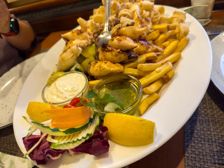 Grilled calamari and fries with fresh garnishes on a white plate.の写真素材