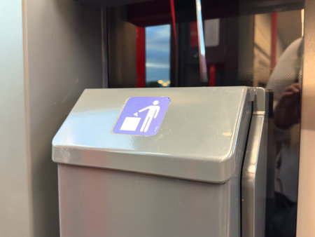Close-up of a trash bin with disposal symbol in public space.の写真素材