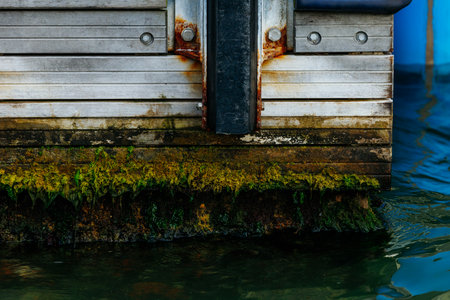 Rusty metal dock with algae in water.の写真素材