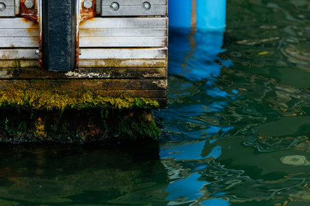 Moss-covered dock with metal plates above rippling water.の写真素材
