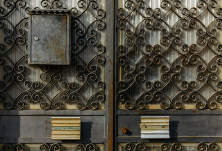Ornate iron gate with mailbox and rusty vintage design.