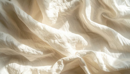 Flowing fabric in soft cream tones displays intricate textures and gentle folds, creating a serene...