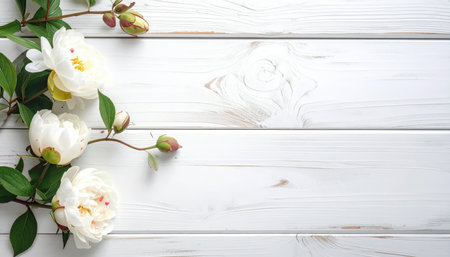 Arrangement of white peonies and green leaves on a weathered wooden background, evoking a tranquil ambiance, ideal for spring themes and floral design projectsの写真素材