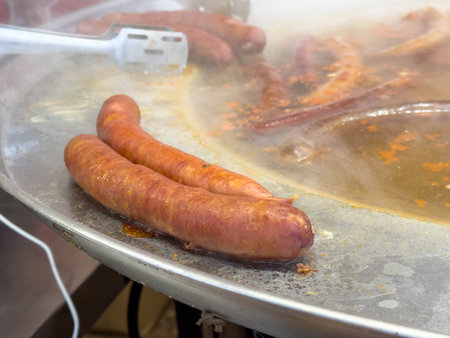 Juicy grilled sausages on large outdoor cooking pan.の写真素材