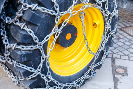 Heavy-duty equipment tire with snow chains on yellow rim.