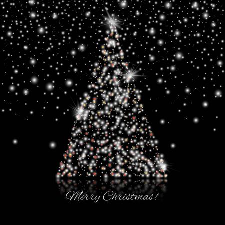 Merry Christmas and Happy New Year Christmas tree on and lights on the black background.のイラスト素材