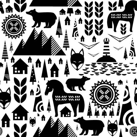 Scandinavian seamless pattern with mountains, swedish houses, fir-trees, horse, bear, leaves. Abstract black and white background.のイラスト素材