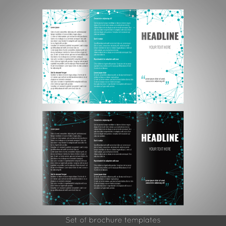 Trifold business brochure template design with world map infographic element with connection background. Stock vector.のイラスト素材