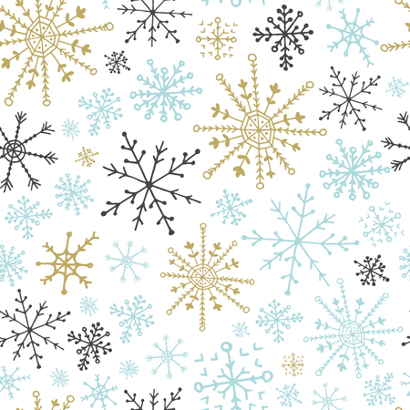 Seamless pattern with golden, grey and blue snowflakes. Stock vectorのイラスト素材