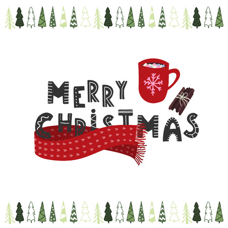Merry Christmas hand drawn hot cocoa or chocolate cup with marsmellows. Holiday card. Stock vectorのイラスト素材