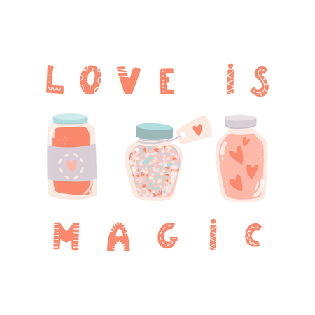 Love is magic. Hand drawn lettering and jar with hearts. Valentine's Day, save the date or wedding card template. Stock vectorのイラスト素材