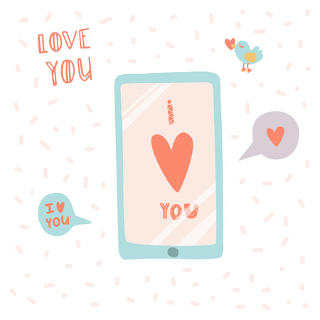 I love you. Smartphone with message in hand drawn cartoon style.のイラスト素材