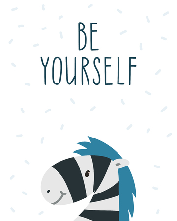 Be yourself. Hand drawn zebra and inspirational quote. Motivation poster. Kids room decorationのイラスト素材