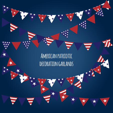 American holiday flags garlands set. Indepence Day, Presidents Day, Labor Day, Patriot Day decoration elements.のイラスト素材