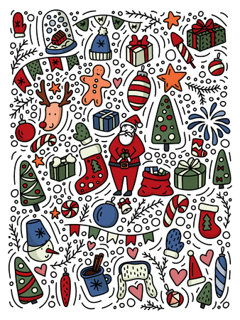 New year doodle decoration elements cartoon collection. Happy holidays poster, postcard etc. Stock vectorのイラスト素材