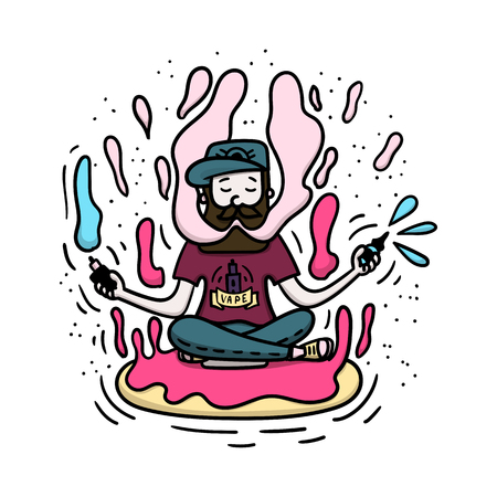 Vape doodle style illustration. Vaping hipster with beard on the donut. Stock vectorのイラスト素材