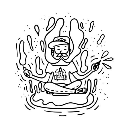 Vape doodle style illustration. Vaping hipster with beard on the donut. Stock vector