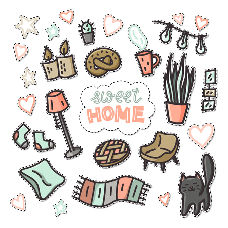 Sweet home doodle set of pins or stickers. Illustration with cat, plants, pictures, cup of coffee. Stock vectorのイラスト素材