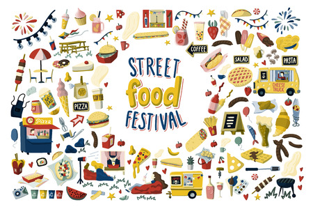 Street food festival hand drawn cartoon elements setのイラスト素材