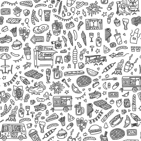 Street food festival hand drawn doodles seamless pattern. Monochrome background. Stock vectorのイラスト素材