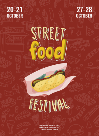 Street food festival poster with hot dog in cartoon style and hand drawn lettering. Fast food doodles surface backgroundのイラスト素材