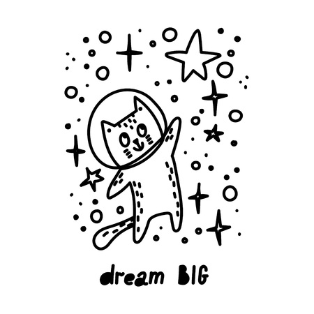 Dream big hand written lettering. Kids doodle style illustration with cute cat. Stock vectorのイラスト素材