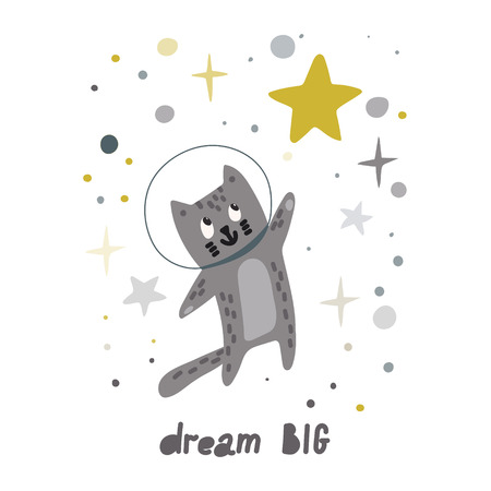 Dream big hand written lettering. Kids illustration with cute cat. Stock vectorのイラスト素材
