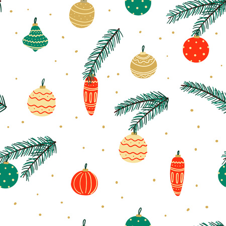 Christmas balls seamless pattern. Hand drawn New year and winter holidays background. Stock vectorのイラスト素材